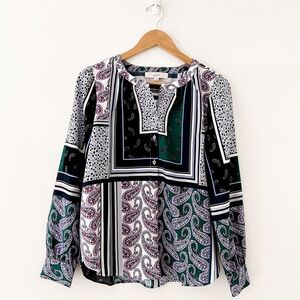 Loft Womens Satin Paisley Color Block Button Up Blouse